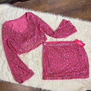 Brand New w/Tags Pink Sequin Crop Top and Skirt Set